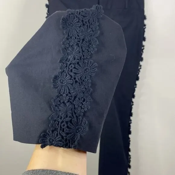 Anthropologie Elevenses Black Daisy Crochet Lace Trimmed Tuxedo Crop Pants US 6 - Picture 4 of 6